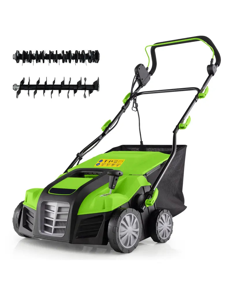 16-Inch Electric Lawn Dethatcher and Scarifier with Collection Bag-Green - Green - Lawn Care Tools