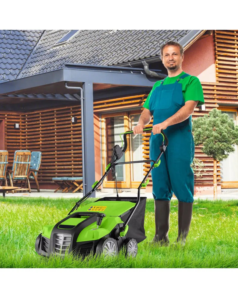 16-Inch Electric Lawn Dethatcher and Scarifier with Collection Bag-Green - Green - Lawn Care Tools
