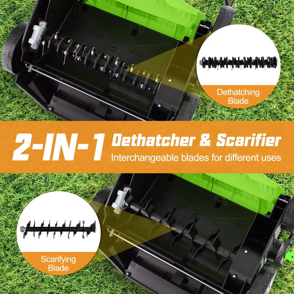 16-Inch Electric Lawn Dethatcher and Scarifier with Collection Bag-Green - Green - Lawn Care Tools