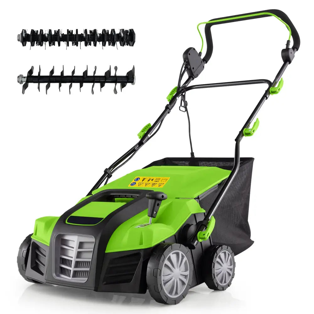 16-Inch Electric Lawn Dethatcher and Scarifier with Collection Bag-Green - Green - Lawn Care Tools