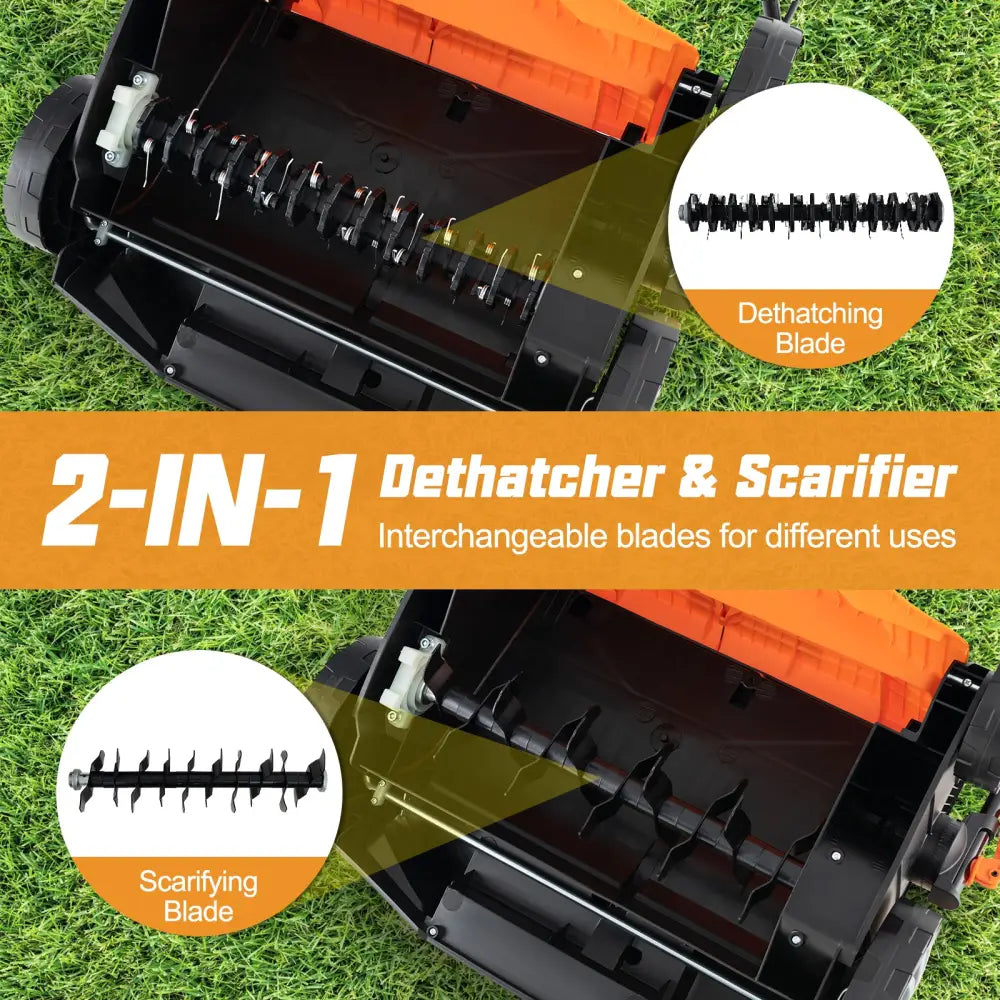 16-Inch Electric Lawn Dethatcher and Scarifier with Collection Bag-Orange - Orange - Lawn Care Tools