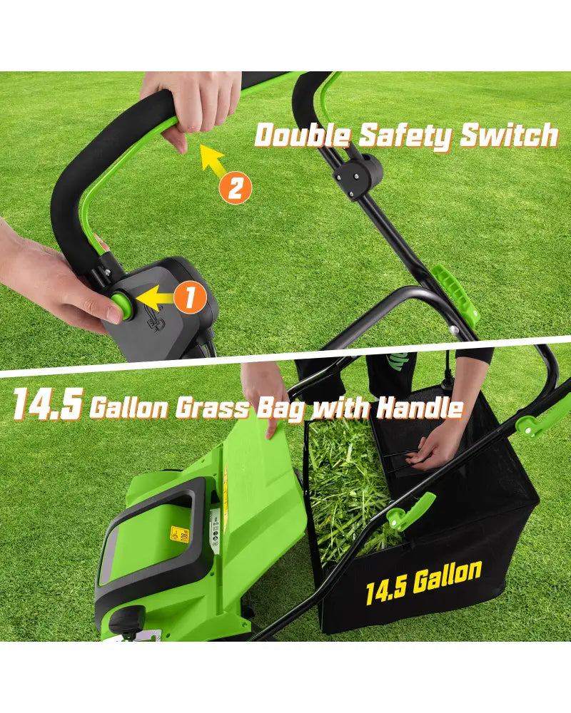 16-Inch Electric Lawn Dethatcher and Scarifier with Collection Bag-Green - Green - Lawn Care Tools