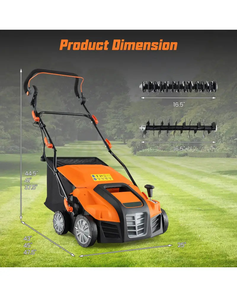 16-Inch Electric Lawn Dethatcher and Scarifier with Collection Bag-Orange - Orange - Lawn Care Tools
