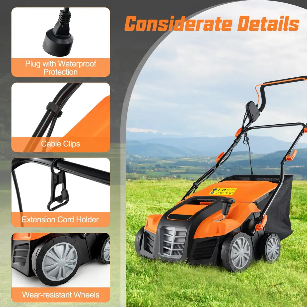 16-Inch Electric Lawn Dethatcher and Scarifier with Collection Bag-Orange - Orange - Lawn Care Tools