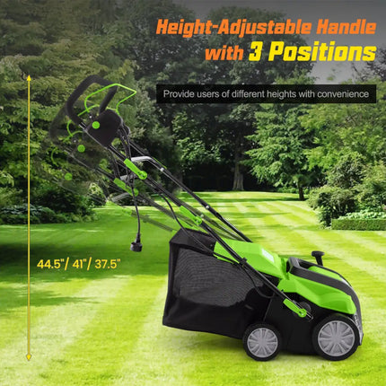 16-Inch Electric Lawn Dethatcher and Scarifier with Collection Bag-Green - Green - Lawn Care Tools