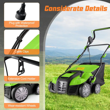 16-Inch Electric Lawn Dethatcher and Scarifier with Collection Bag-Green - Green - Lawn Care Tools