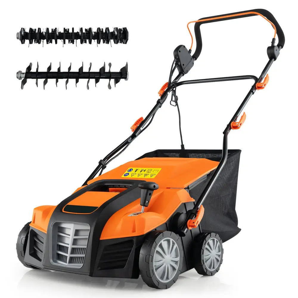 16-Inch Electric Lawn Dethatcher and Scarifier with Collection Bag-Orange - Orange - Lawn Care Tools