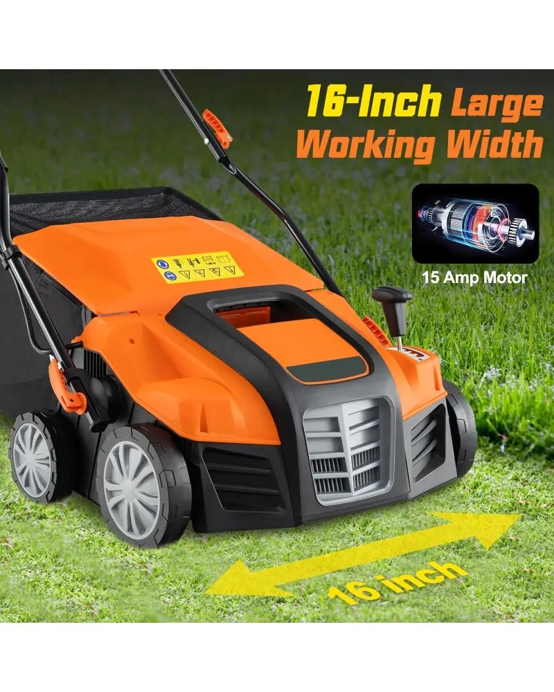 16-Inch Electric Lawn Dethatcher and Scarifier with Collection Bag-Orange - Orange - Lawn Care Tools