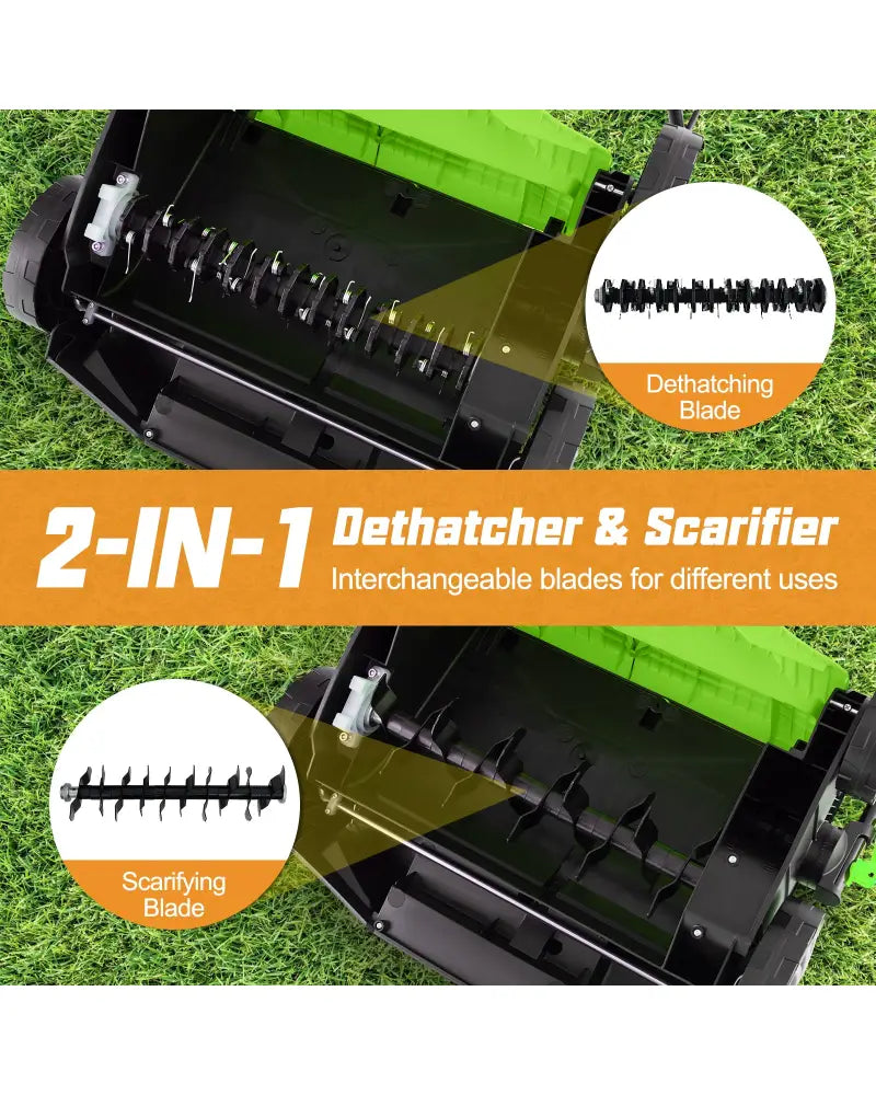 16-Inch Electric Lawn Dethatcher and Scarifier with Collection Bag-Green - Green - Lawn Care Tools