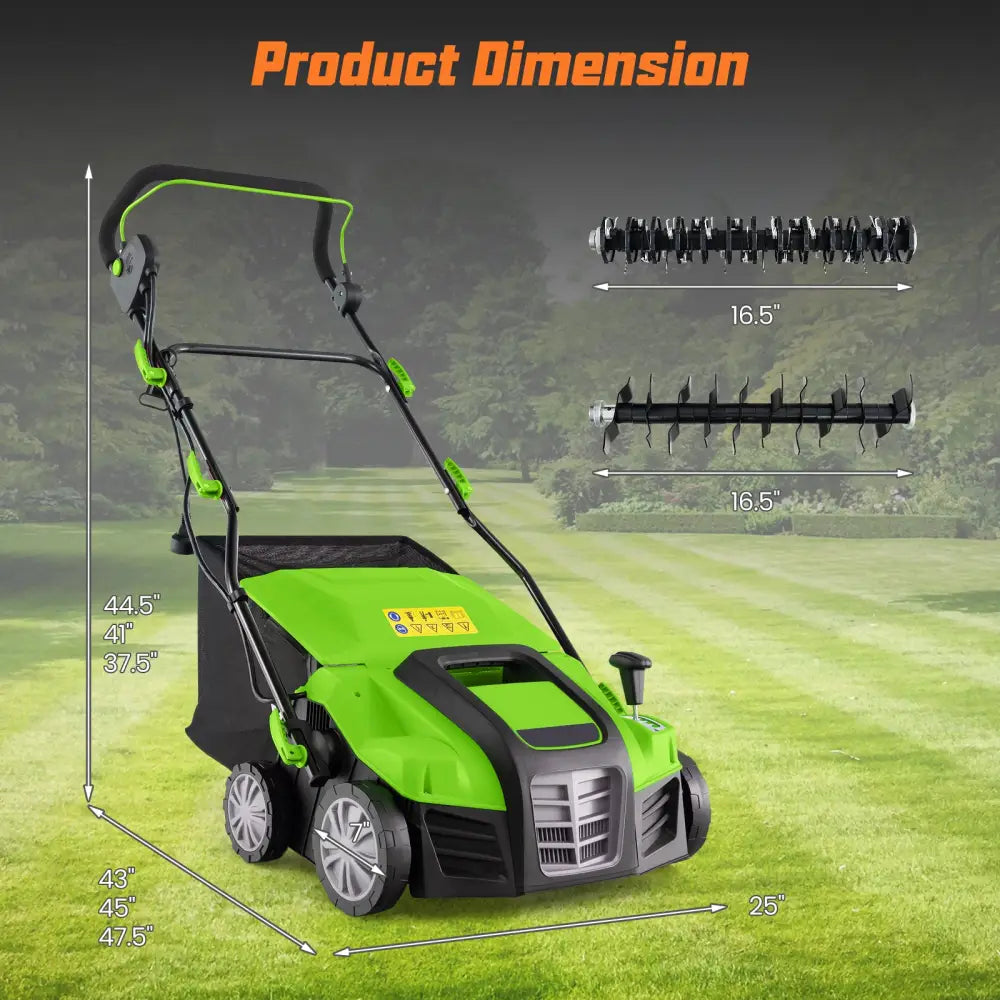 16-Inch Electric Lawn Dethatcher and Scarifier with Collection Bag-Green - Green - Lawn Care Tools