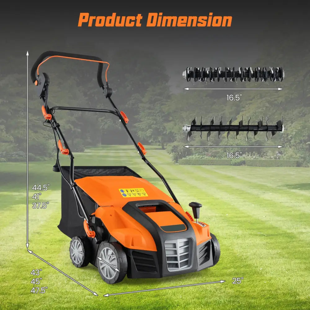 16-Inch Electric Lawn Dethatcher and Scarifier with Collection Bag-Orange - Orange - Lawn Care Tools