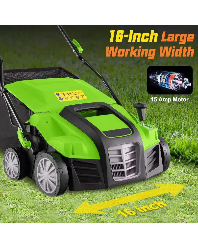 16-Inch Electric Lawn Dethatcher and Scarifier with Collection Bag-Green - Green - Lawn Care Tools