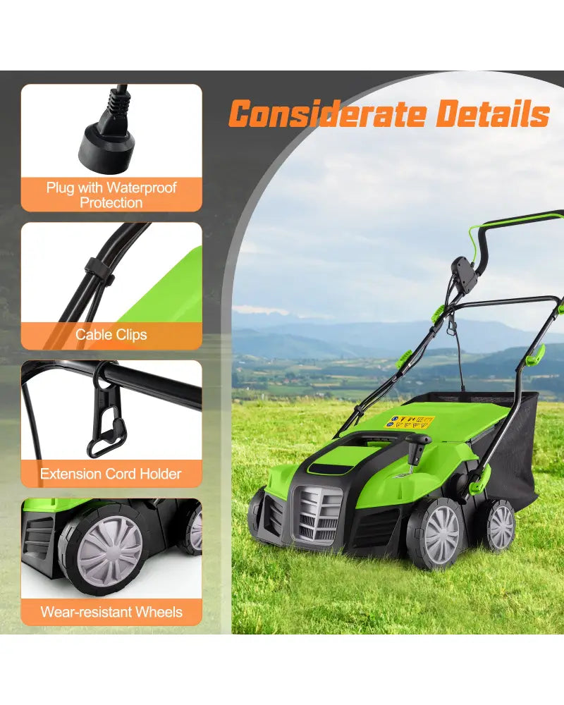 16-Inch Electric Lawn Dethatcher and Scarifier with Collection Bag-Green - Green - Lawn Care Tools