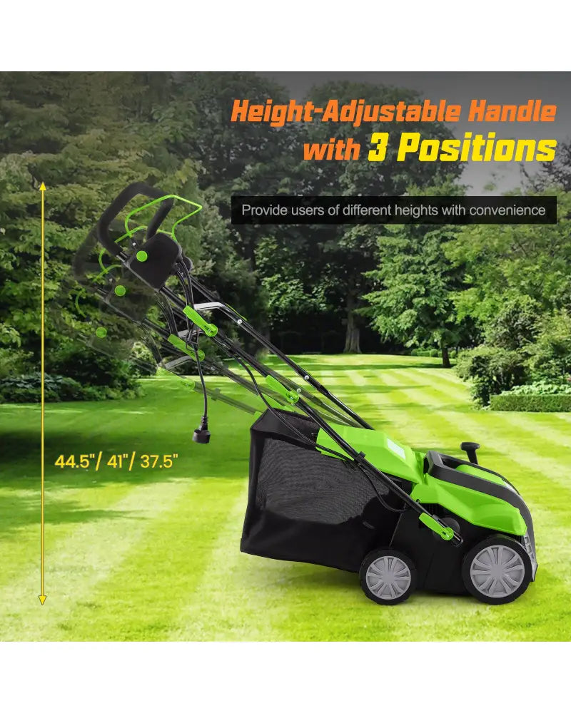 16-Inch Electric Lawn Dethatcher and Scarifier with Collection Bag-Green - Green - Lawn Care Tools