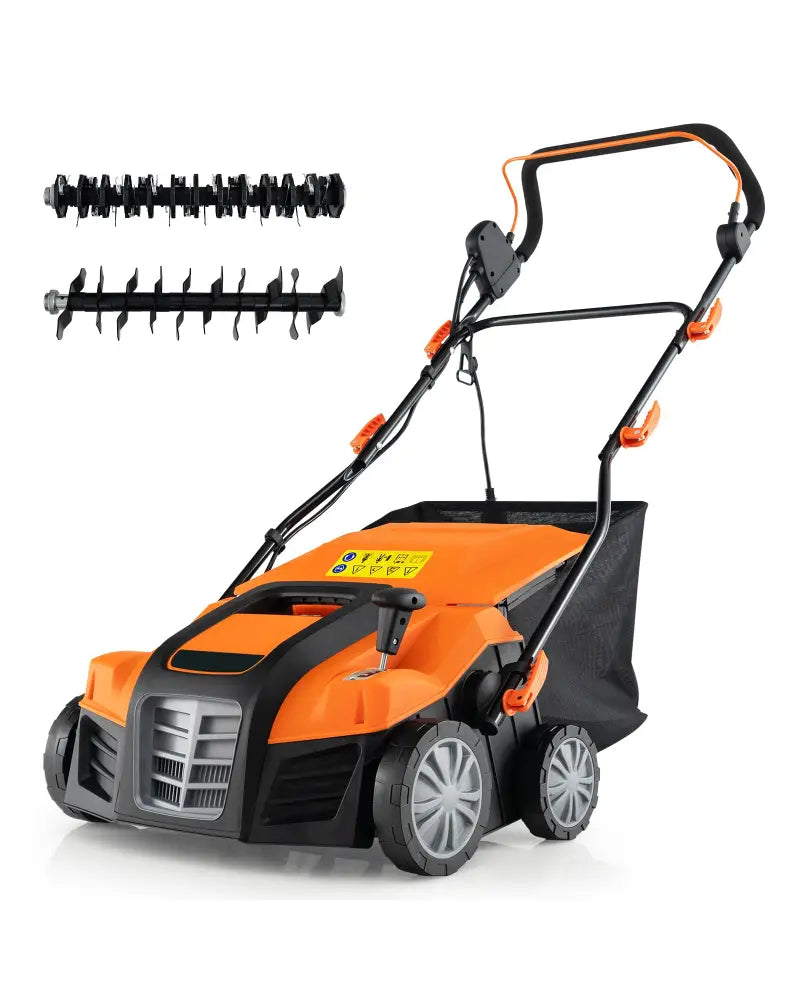 16-Inch Electric Lawn Dethatcher and Scarifier with Collection Bag-Orange - Orange - Lawn Care Tools