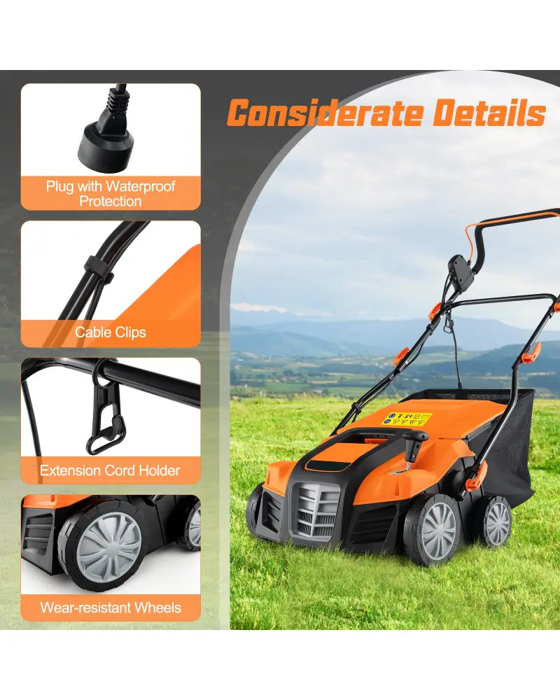16-Inch Electric Lawn Dethatcher and Scarifier with Collection Bag-Orange - Orange - Lawn Care Tools