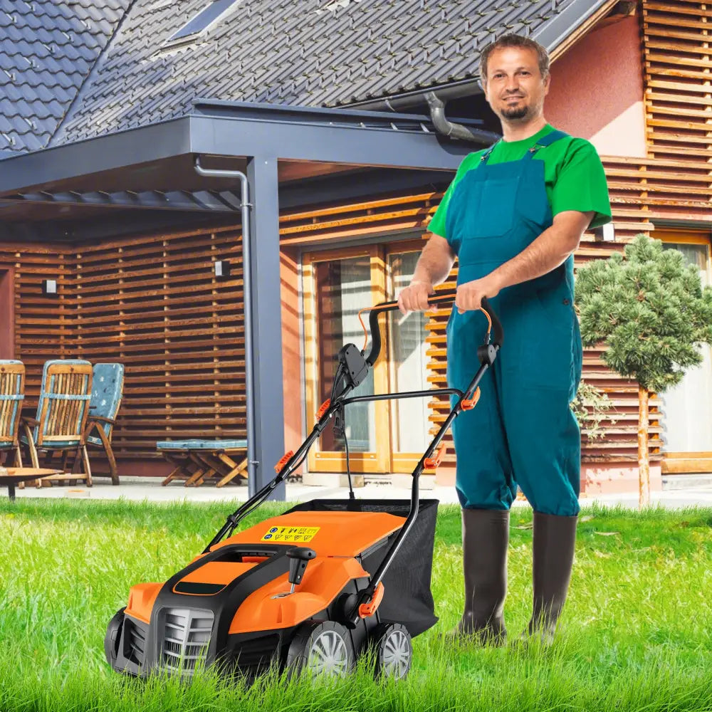 16-Inch Electric Lawn Dethatcher and Scarifier with Collection Bag-Orange - Orange - Lawn Care Tools