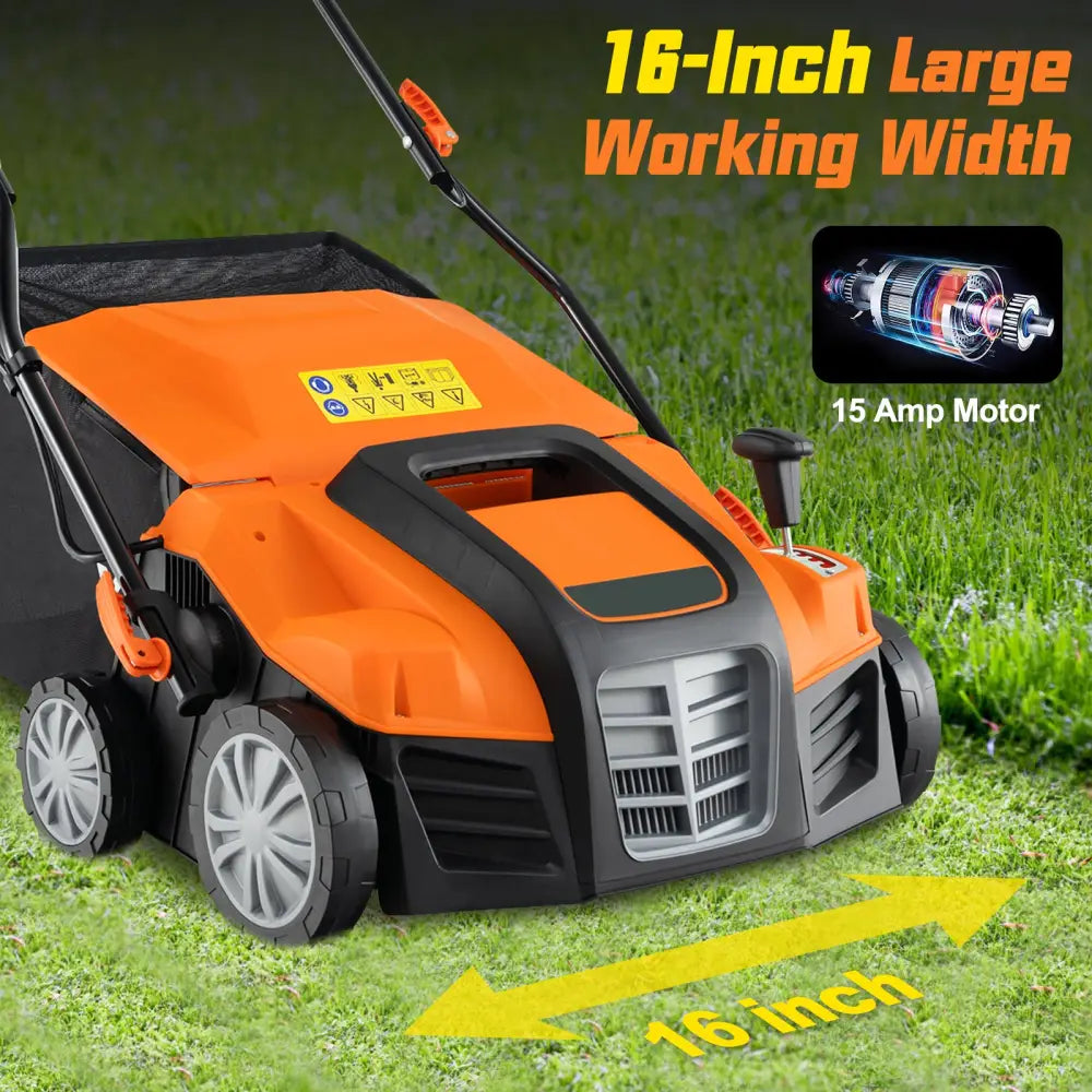 16-Inch Electric Lawn Dethatcher and Scarifier with Collection Bag-Orange - Orange - Lawn Care Tools