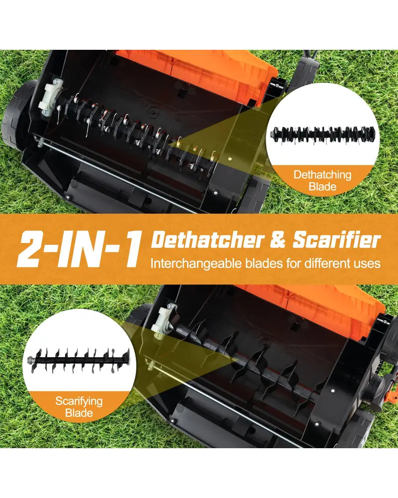 16-Inch Electric Lawn Dethatcher and Scarifier with Collection Bag-Orange - Orange - Lawn Care Tools