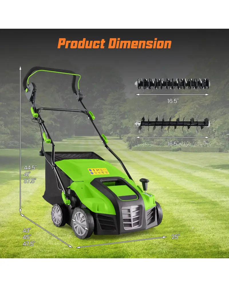 16-Inch Electric Lawn Dethatcher and Scarifier with Collection Bag-Green - Green - Lawn Care Tools