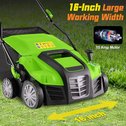 16-Inch Electric Lawn Dethatcher and Scarifier with Collection Bag-Green - Green - Lawn Care Tools
