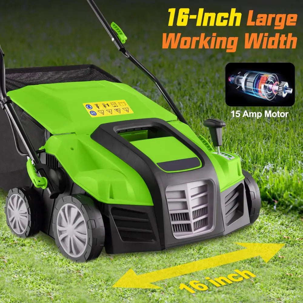 16-Inch Electric Lawn Dethatcher and Scarifier with Collection Bag-Green - Green - Lawn Care Tools