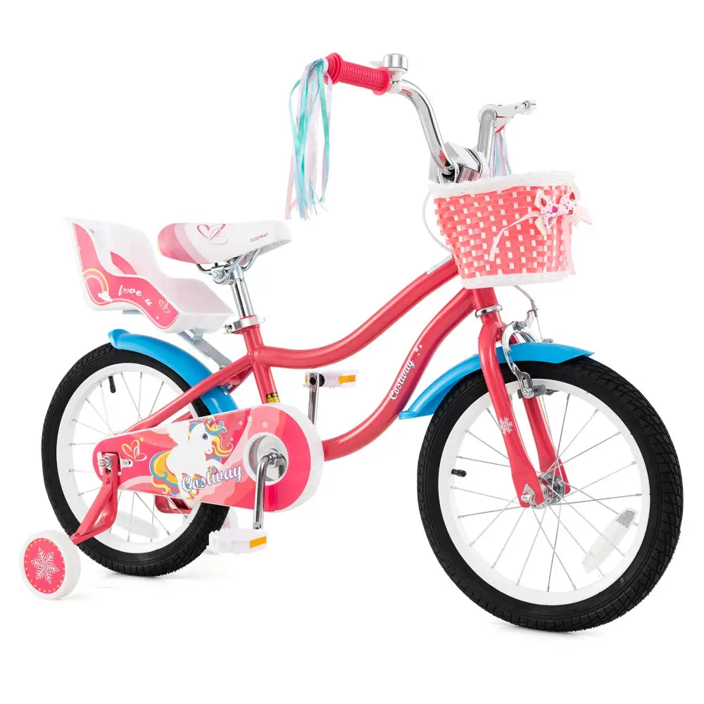 16 Inch Girls Bike for 4-7 Years Old Kids Bike with Doll Seat and Training Wheels - Pink - Kids Bike