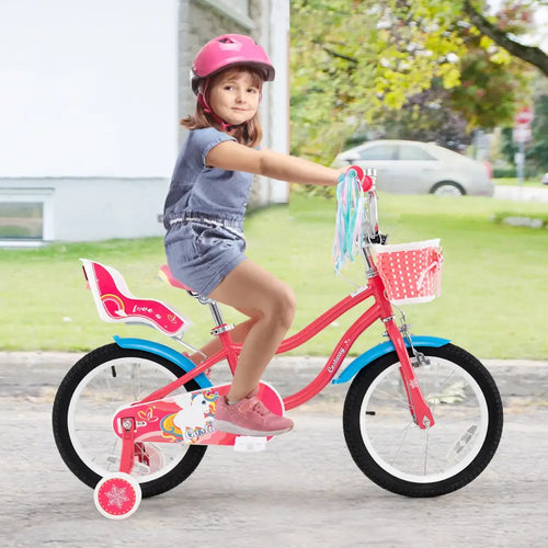 16 Inch Girls Bike for 4-7 Years Old Kids Bike with Doll Seat and Training Wheels - Pink - Kids Bike