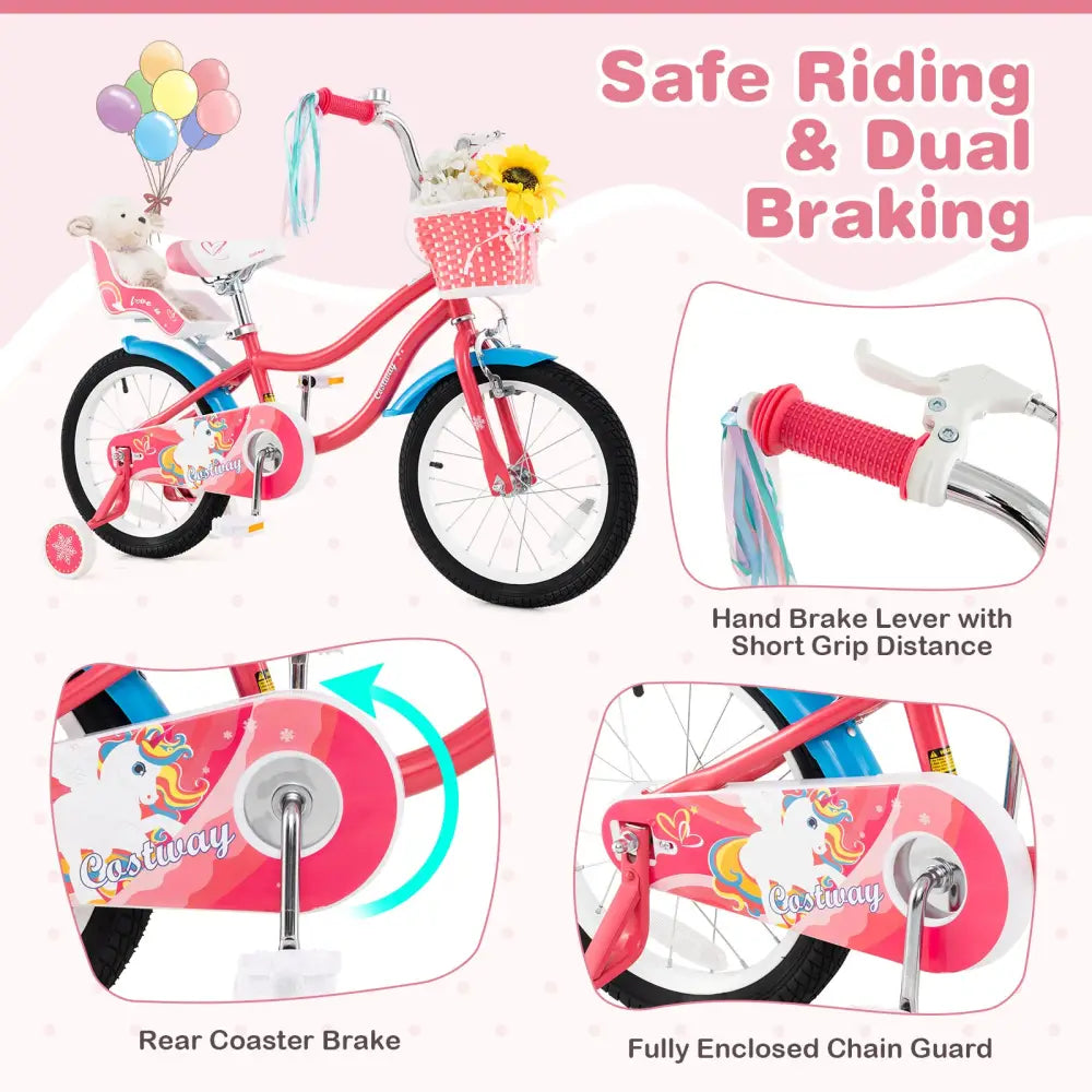 16 Inch Girls Bike for 4-7 Years Old Kids Bike with Doll Seat and Training Wheels - Pink - Kids Bike
