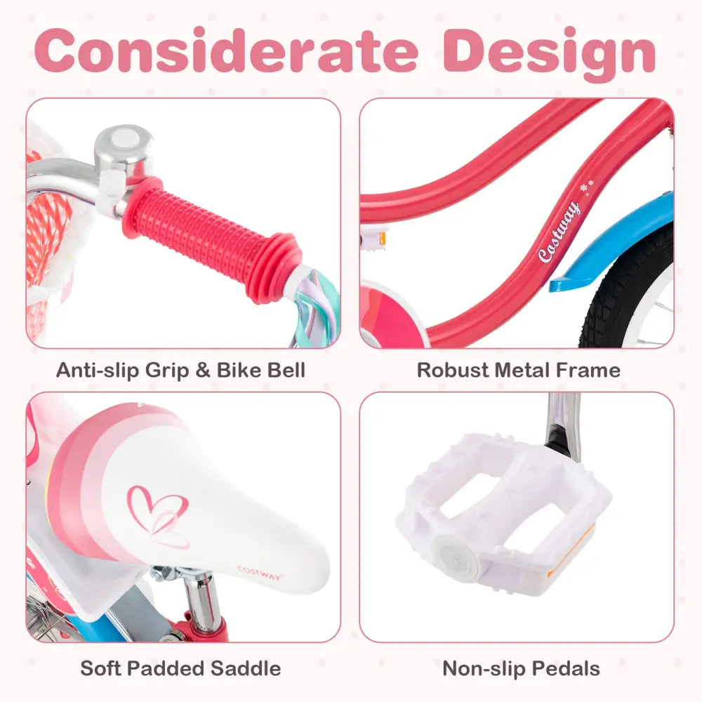 16 Inch Girls Bike for 4-7 Years Old Kids Bike with Doll Seat and Training Wheels - Pink - Kids Bike