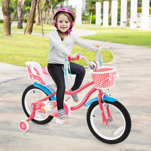 16 Inch Girls Bike for 4-7 Years Old Kids Bike with Doll Seat and Training Wheels - Pink - Kids Bike