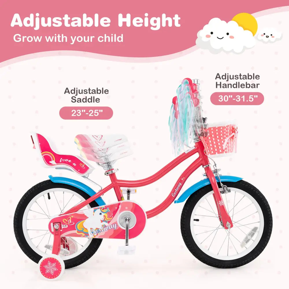 16 Inch Girls Bike for 4-7 Years Old Kids Bike with Doll Seat and Training Wheels - Pink - Kids Bike