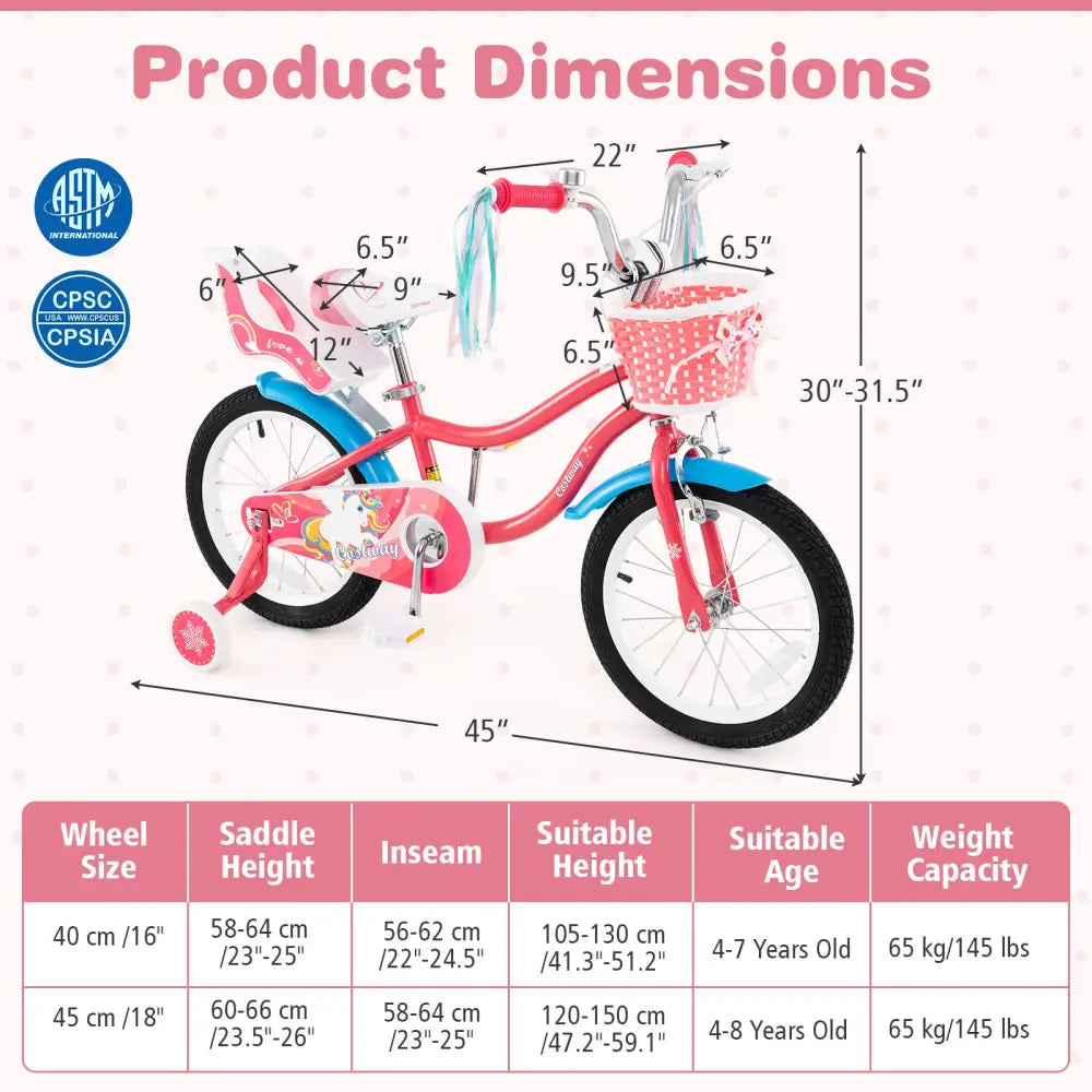 16 Inch Girls Bike for 4-7 Years Old Kids Bike with Doll Seat and Training Wheels - Pink - Kids Bike