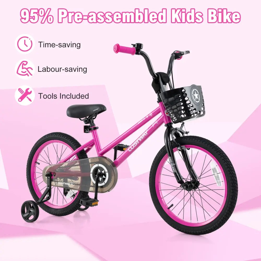 16 Inch Kids Bike Adjustable Bicycle with Front Basket for Children Aged 4-7 Years Old - Pink - Kids Bike