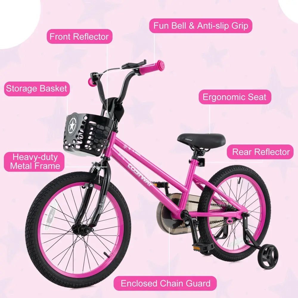 16 Inch Kids Bike Adjustable Bicycle with Front Basket for Children Aged 4 - 7 Years Old - Oasis Home Essentials