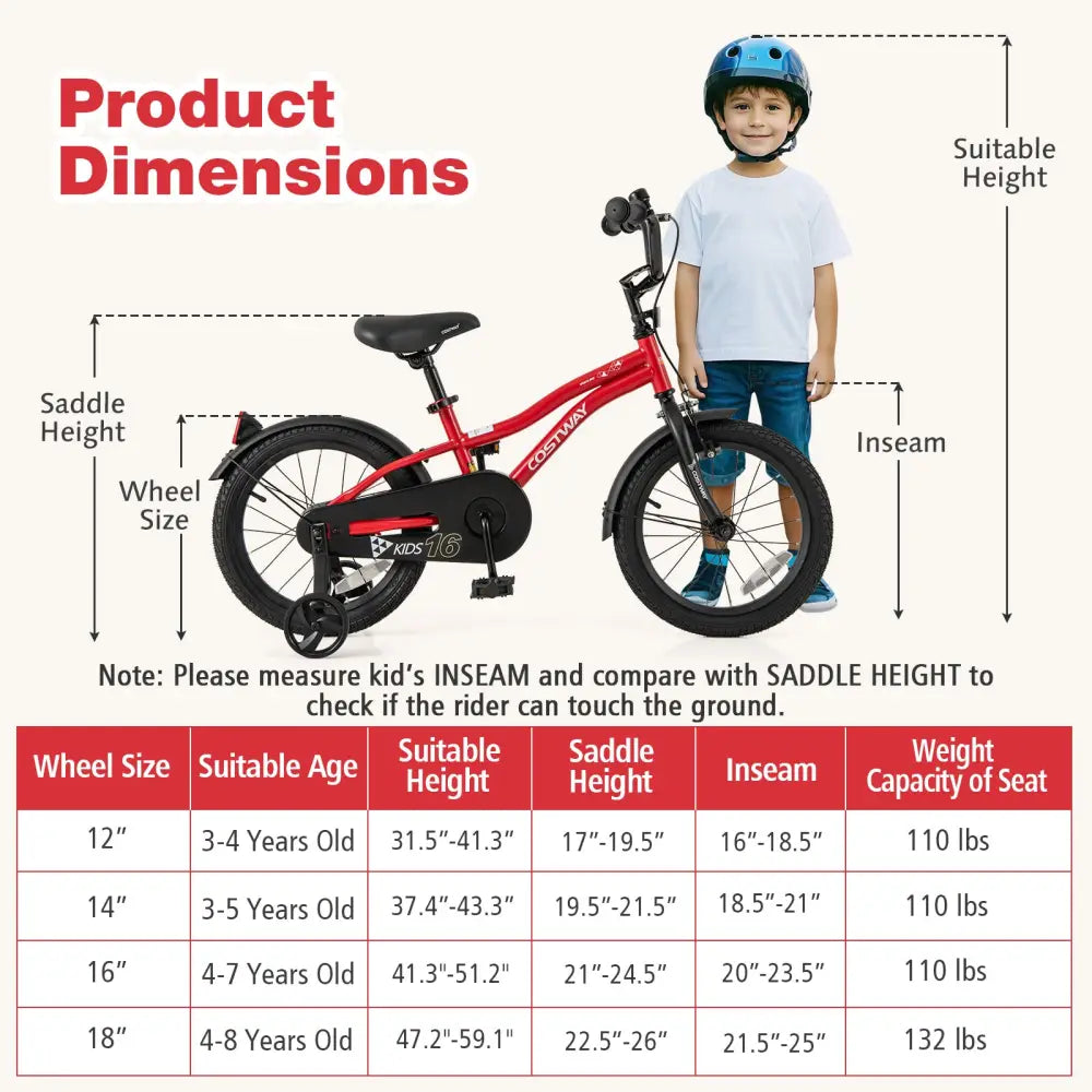 16 Inch Kids Bike Adjustable Bicycle with Reflectors and Bell for 4-7 Years Old - Red - Kids Bike
