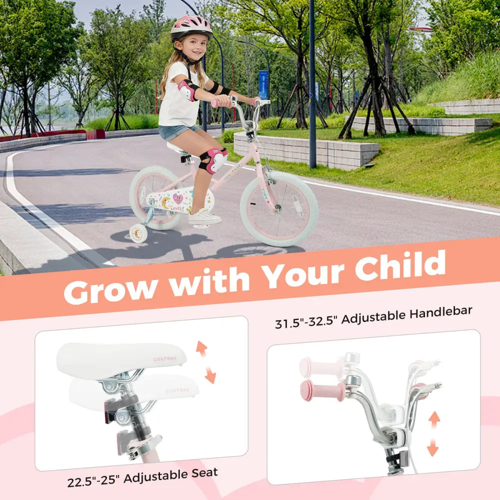 16 Inch Kids Bike Adjustable for 3-8 Years Old Children Pink - Stars & Moon - Pink - Kids Bike