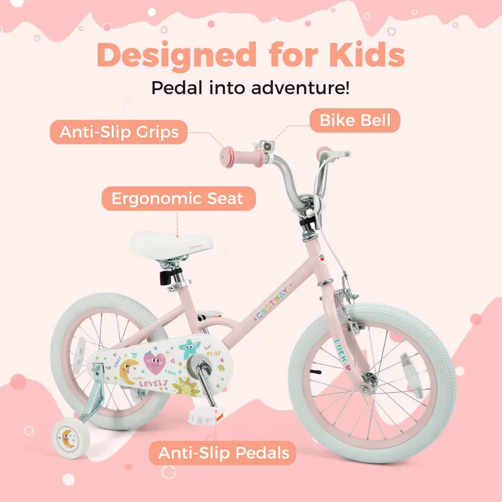 16 Inch Kids Bike Adjustable for 3-8 Years Old Children Pink - Stars & Moon - Pink - Kids Bike
