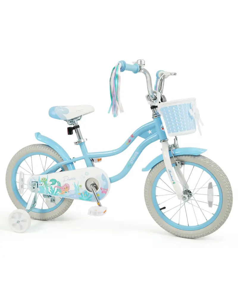 16 Inch Kids Bike Adjustable with Basket and Streamers Blue for Kids Aged 4-7 Years Old - Princess of the Sea Theme