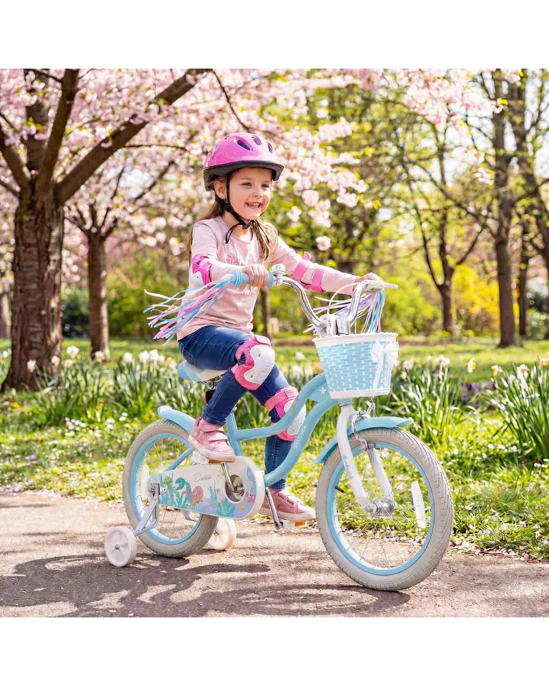 16 Inch Kids Bike Adjustable with Basket and Streamers Blue for Kids Aged 4-7 Years Old - Princess of the Sea Theme