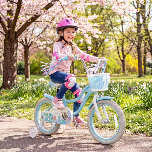 16 Inch Kids Bike Adjustable with Basket and Streamers Blue for Kids Aged 4-7 Years Old - Princess of the Sea Theme