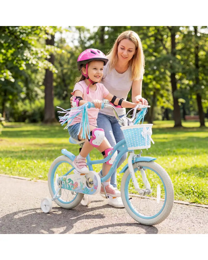 16 Inch Kids Bike Adjustable with Basket and Streamers Blue for Kids Aged 4-7 Years Old - Princess of the Sea Theme