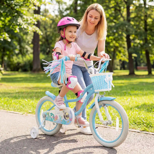 16 Inch Kids Bike Adjustable with Basket and Streamers Blue for Kids Aged 4-7 Years Old - Princess of the Sea Theme