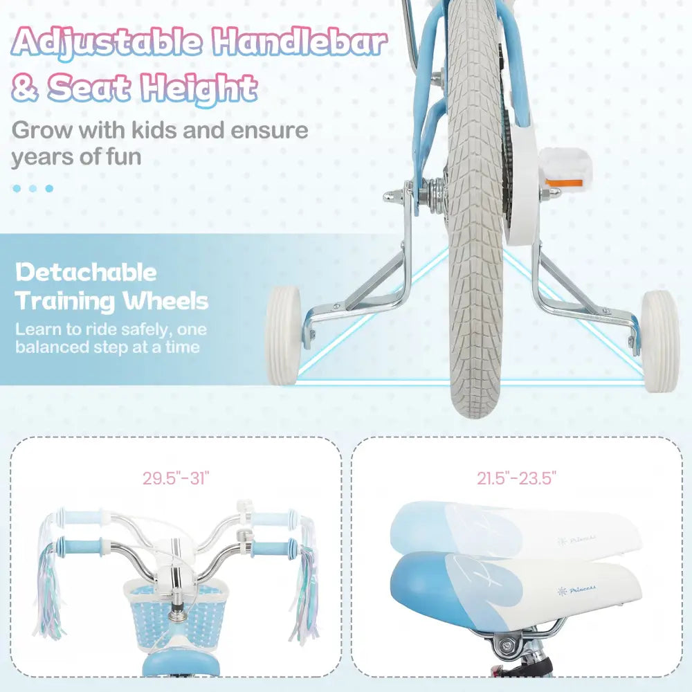 16 Inch Kids Bike Adjustable with Basket and Streamers Blue for Kids Aged 4-7 Years Old - Princess of the Sea Theme