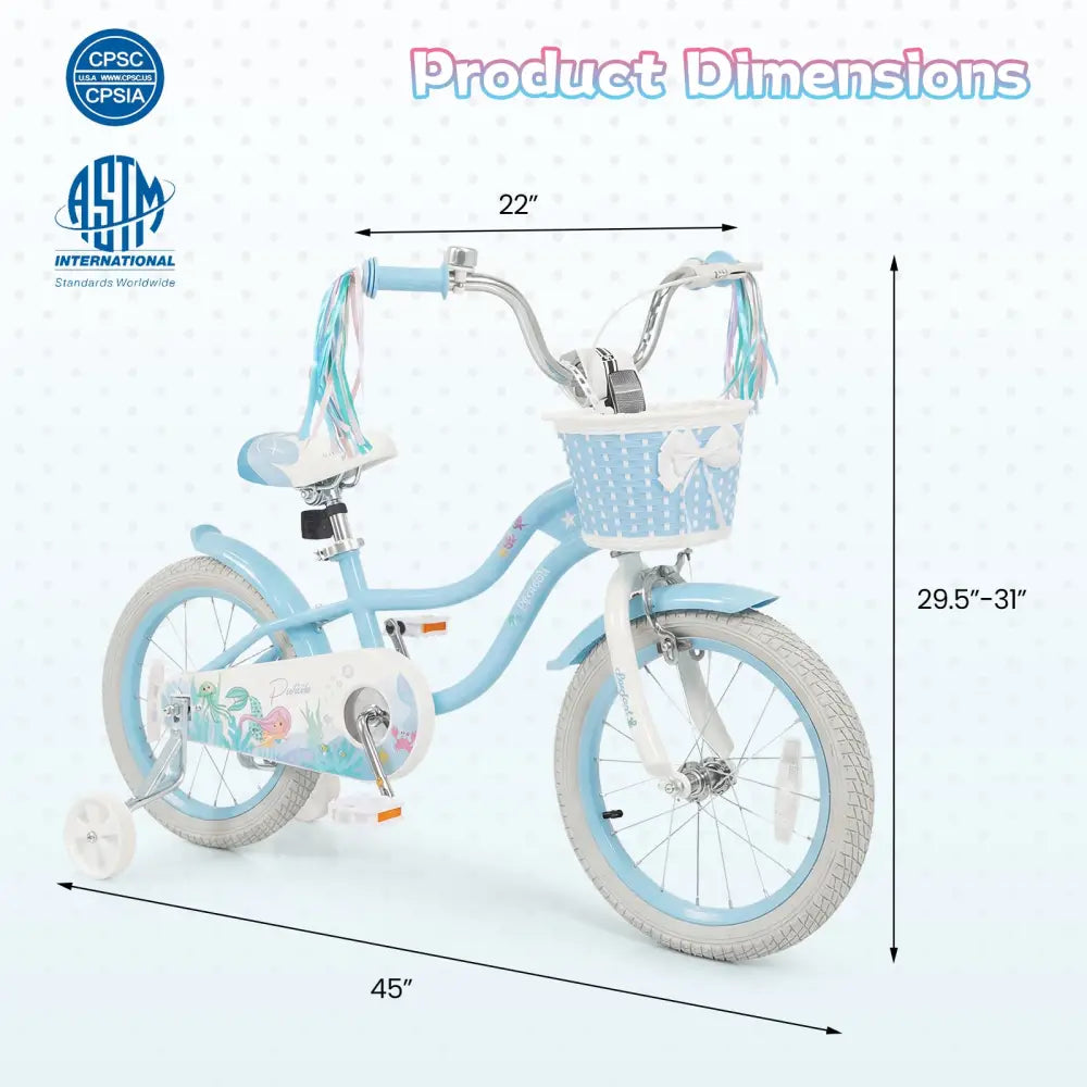 16 Inch Kids Bike Adjustable with Basket and Streamers Blue for Kids Aged 4-7 Years Old - Princess of the Sea Theme