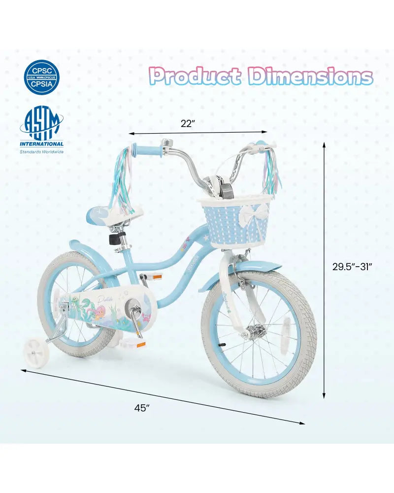 16 Inch Kids Bike Adjustable with Basket and Streamers Blue for Kids Aged 4-7 Years Old - Princess of the Sea Theme