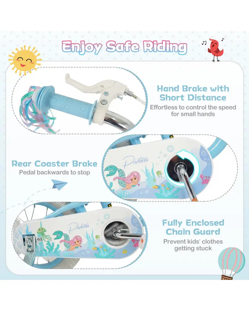 16 Inch Kids Bike Adjustable with Basket and Streamers Blue for Kids Aged 4-7 Years Old - Princess of the Sea Theme
