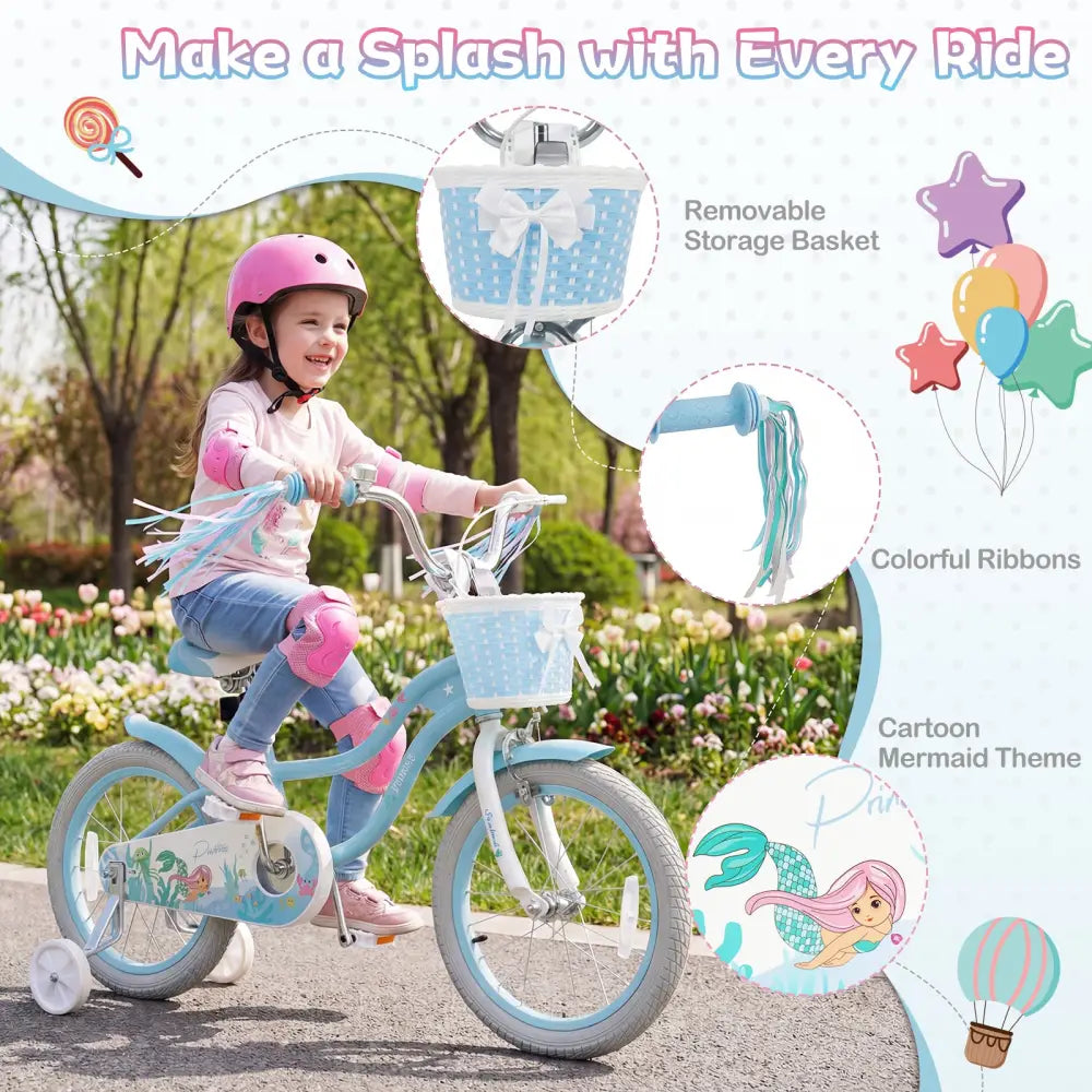 16 Inch Kids Bike Adjustable with Basket and Streamers Blue for Kids Aged 4-7 Years Old - Princess of the Sea Theme