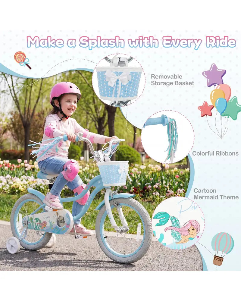 16 Inch Kids Bike Adjustable with Basket and Streamers Blue for Kids Aged 4-7 Years Old - Princess of the Sea Theme