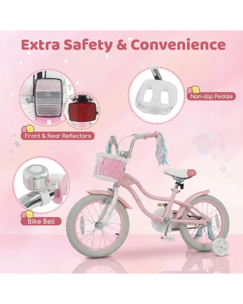 16 Inch Kids Bike Adjustable with Basket and Streamers for Girls Aged 4-7 Years Old Pink - Pink - Kids Bike